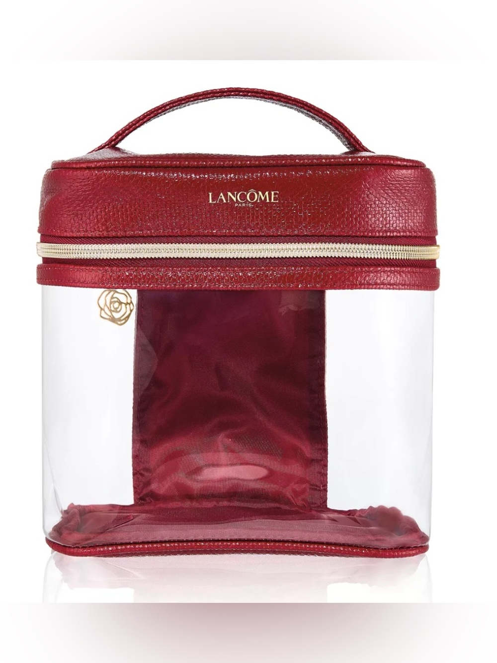 Lancome Burgundy Clear Cosmetic Train Case with Gold Trim
